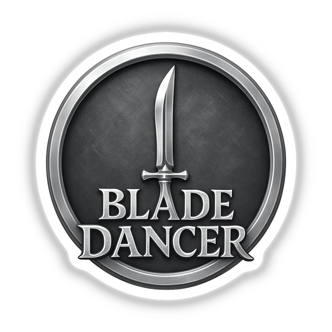 Blade Dancer – RPG-Style Skill Badge featuring a sleek silver sword emblem, available as versatile stickers or digital artwork, perfect for fans of unique vinyl designs from Decal Venue.