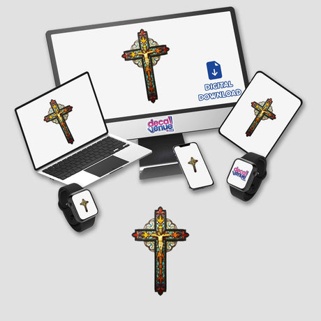 Stained Glass Christian Cross Clipart with Commercial Rights & Christian Sticker; features a cross on a computer monitor and laptop, available as stickers or digital artwork.