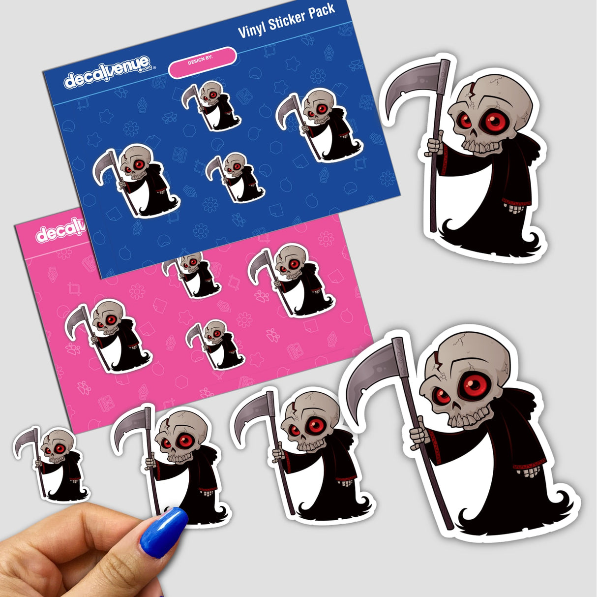 Little Grim Reaper sticker featuring a cartoon skeleton holding a scythe, designed with unique style elements typical of Decal Venue's creative sticker collection.