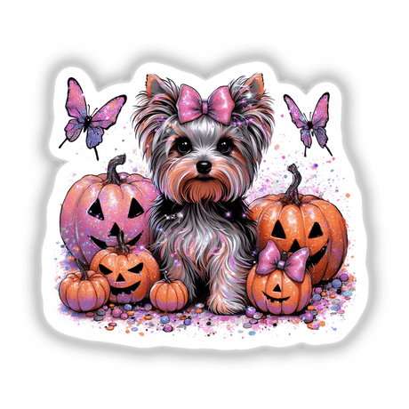 Yorkie dog with a bow surrounded by pumpkins, available as stickers or digital artwork, titled Pinky Pastel Halloween Yorkie Dog.