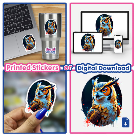Collage of A Cool Hybrid Hawk Owl featured as vinyl stickers and digital artwork, highlighting intricate owl designs, suitable for decorating laptops and cups, from Decal Venue's unique collection.