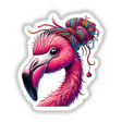 Flamingo with Yarn Hair Bun: A whimsical cartoon flamingo adorned with a colorful yarn bun, available as vibrant stickers or digital art from Decal Venue.