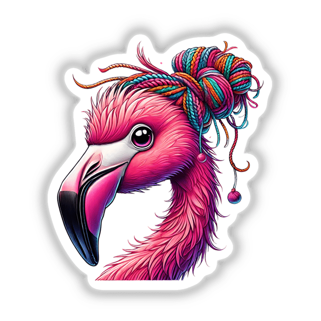 Flamingo with Yarn Hair Bun: A whimsical cartoon flamingo adorned with a colorful yarn bun, available as vibrant stickers or digital art from Decal Venue.