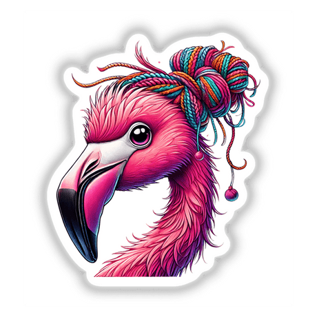 Flamingo with Yarn Hair Bun: A whimsical cartoon flamingo adorned with a colorful yarn bun, available as vibrant stickers or digital art from Decal Venue.
