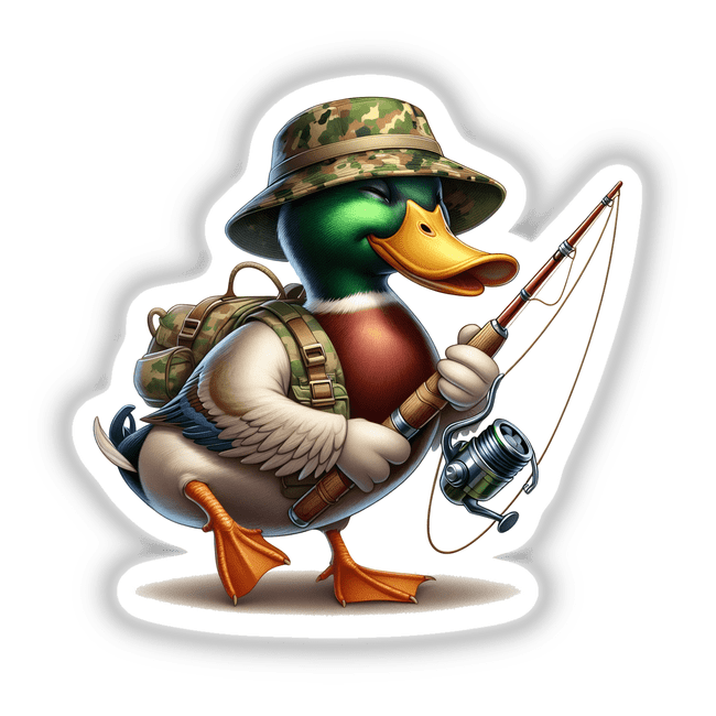 Mallard Duck in Camo Bucket Hat Going Fishing