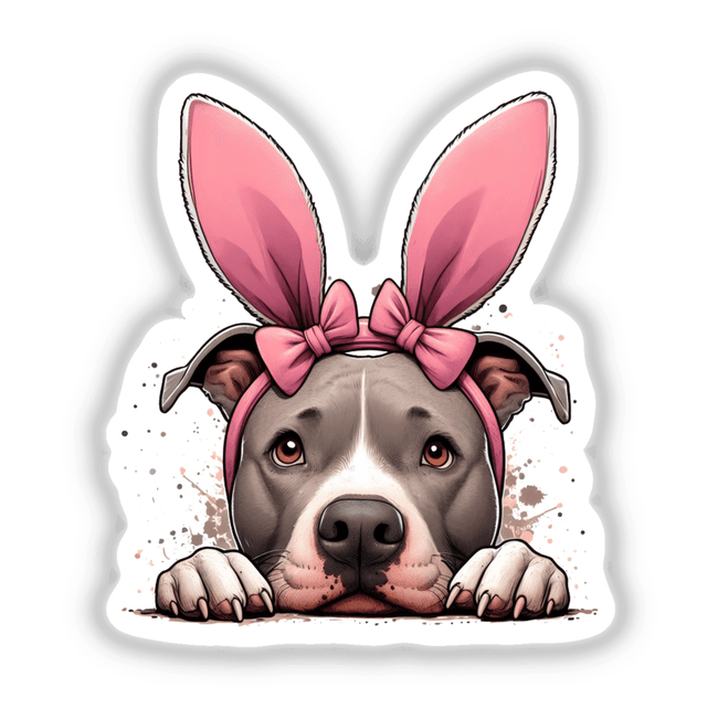 Pink Bunny Ears Peeking Pitbull II: A cartoon-style close-up of a pitbull with pink bunny ears and a bow, available as unique stickers or digital art from Decal Venue.