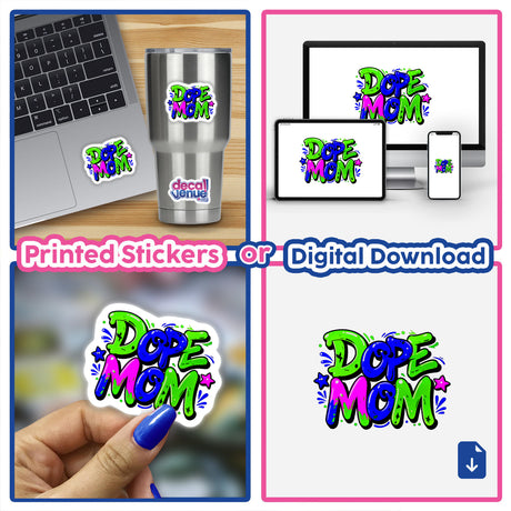 Collage featuring 'Dope Mom' design on laptop keyboard sticker and digital artwork, showcasing unique vinyl style from Decal Venue.