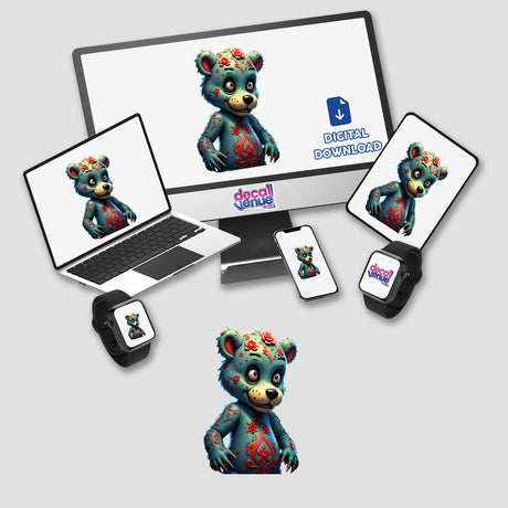 A Macabre Scary Bear cartoon displayed on a computer monitor and laptop, available as stickers or digital artwork, ideal for fans of unique vinyl art from Decal Venue.