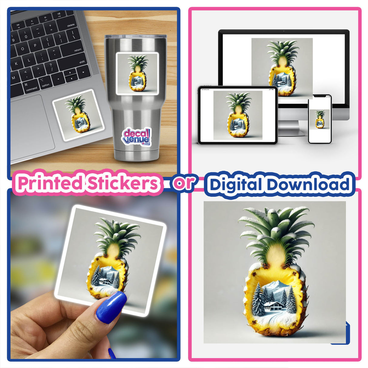 Collage of a pineapple with snow-covered mountains and a house inside, titled Winter Wonderland - Snow Covered Mountain Inside a Pineapple. Available as stickers or digital artwork.