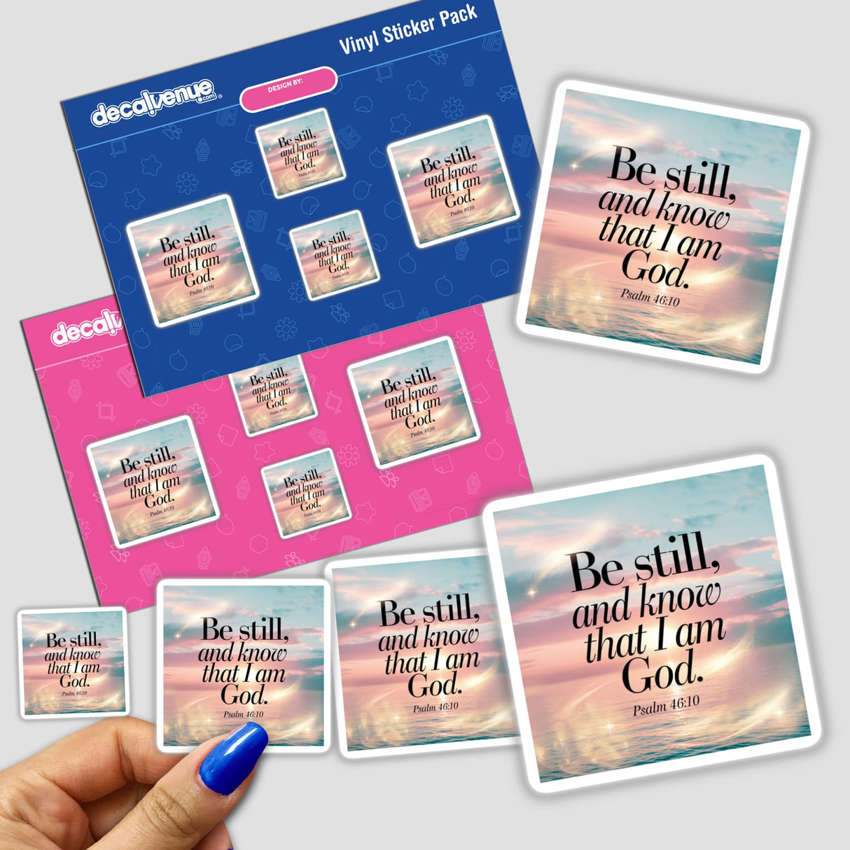 Sticker pack featuring Psalm 46:10 Be still, and know that I am God, held in a hand. Perfect as vinyl decals or digital artwork, embodying Decal Venue's unique design ethos.