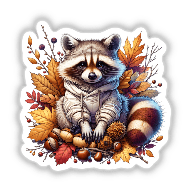 Autumn Raccoon in Cozy Sweatshirt: A raccoon wearing a warm sweater adorned with leaves and acorns, available as stickers or digital artwork from Decal Venue.