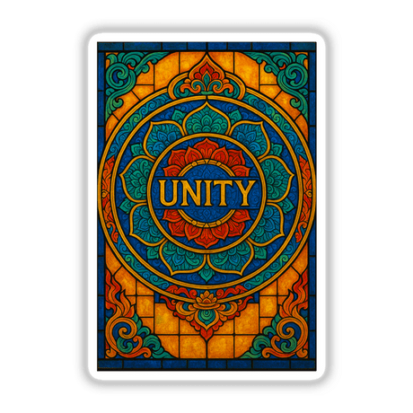 Unity Tibetan Thangka Stained Glass Sticker or Clipart features intricate spiritual motifs, available as motivational artwork with commercial rights, reflecting Decal Venue's unique vinyl and digital art offerings.