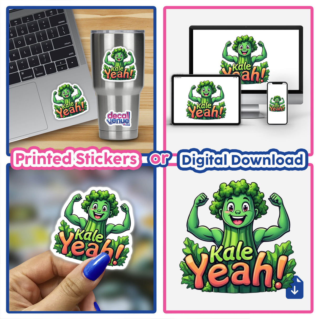 Kale Yeah! - Fun Design for Veggie and Health Food Lovers: A collage featuring laptops displaying cartoon characters, emphasizing stickers or clipart available for purchase with commercial rights.