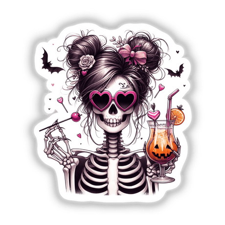 Spooky skeleton girl with space buns, heart-shaped sunglasses, and a Halloween-themed cocktail, available as stickers or digital downloads