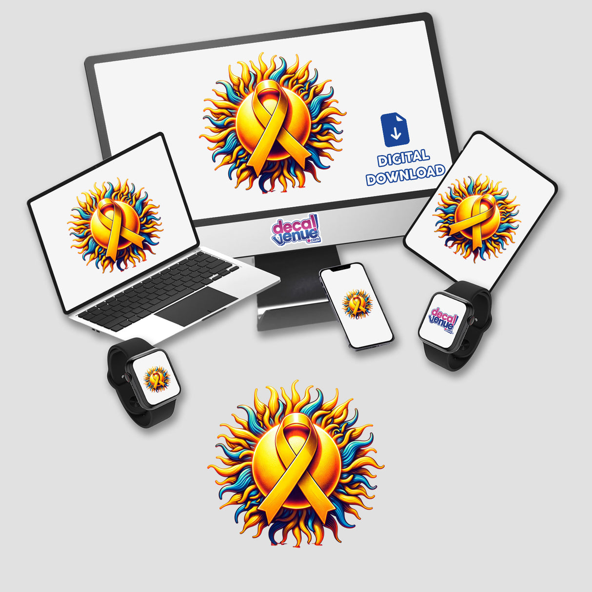 Radiant Sun Yellow Awareness Ribbon displayed on a computer monitor and laptop, emphasizing its availability as stickers or digital artwork from Decal Venue.