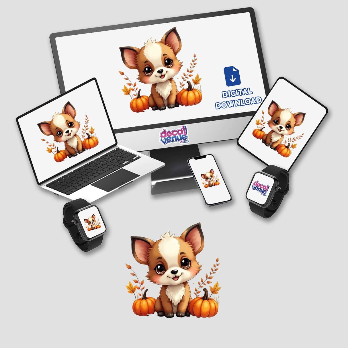 Cute Fall Aesthetic Clipart featuring an adorable puppy with pumpkins and leaves displayed on various devices, available as stickers or for commercial use download.