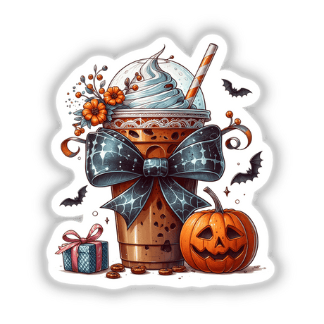 Pumpkin Spice Coquette Fall Bow sticker, featuring a coffee cup with a bow and a pumpkin, perfect for Halloween-themed art. Available as stickers or digital artwork.