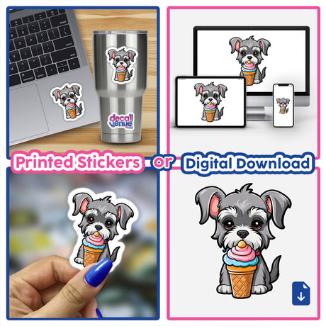 Cute schnauzer dog eating ice cream
