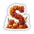Thanksgiving Letter S Clipart featuring fall leaves and pumpkins, available as stickers or digital artwork for commercial use.