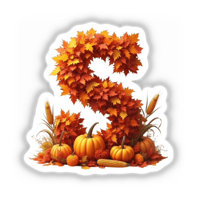 Thanksgiving Letter S Clipart featuring fall leaves and pumpkins, available as stickers or digital artwork for commercial use.