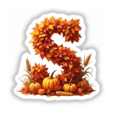Thanksgiving Letter S Clipart featuring fall leaves and pumpkins, available as stickers or digital artwork for commercial use.