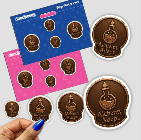 Alchemy Adept – RPG-Style Skill Badge features a detailed Bronze Alchemist Emblem, available as stickers or digital artwork, showcasing intricate design elements typical of Decal Venue's unique offerings.