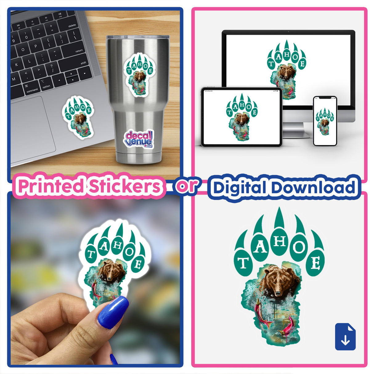 Tahoe Bear Print featuring a collage of playful bear-themed stickers and digital downloads, ideal for laptops and monitors, available as unique stickers or digital artwork from Decal Venue.