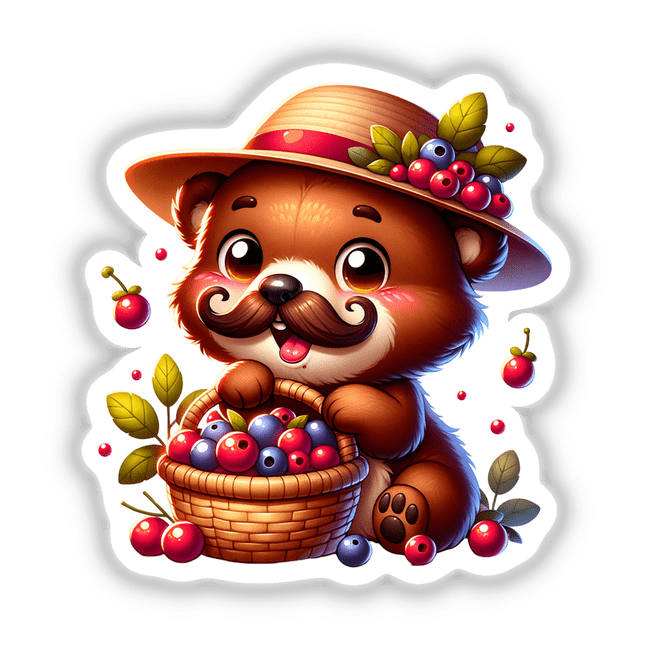 Cute Bear with Mustache Holding Basket of Berries