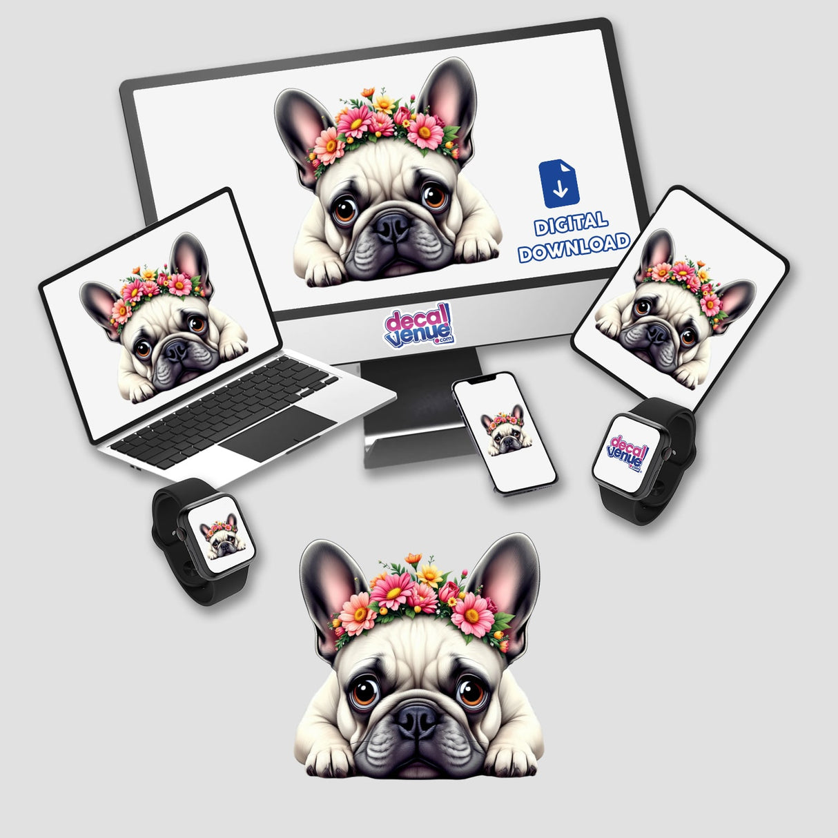 Playful French Bulldog adorned with a Springtime Flower Crown displayed on a laptop screen, available as stickers or digital artwork, adding charm and joy to any space.
