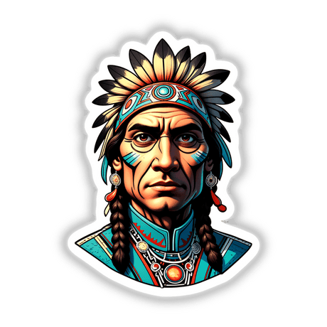 Native American Warrior Chief illustration featuring a man with a feathered headdress, available as stickers or digital artwork from Decal Venue.