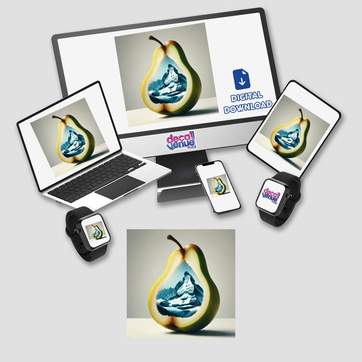 Computer monitor and laptop displaying Frosted Peaks Mountain Range Inside a Pear digital artwork and stickers, featuring a pear with a mountain scene inside.