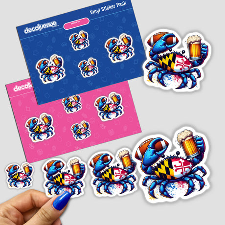 Maryland Crabs Football and Beer sticker pack featuring cartoon crabs holding beer and flags, available as stickers or digital artwork from Decal Venue.