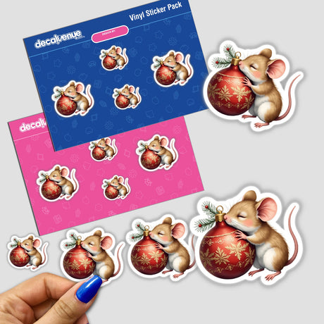Mouse Sleeping on Christmas Ornament sticker, featuring a charming illustration of a mouse hugging a Christmas ornament. Available as part of a sticker pack or as digital artwork from Decal Venue.