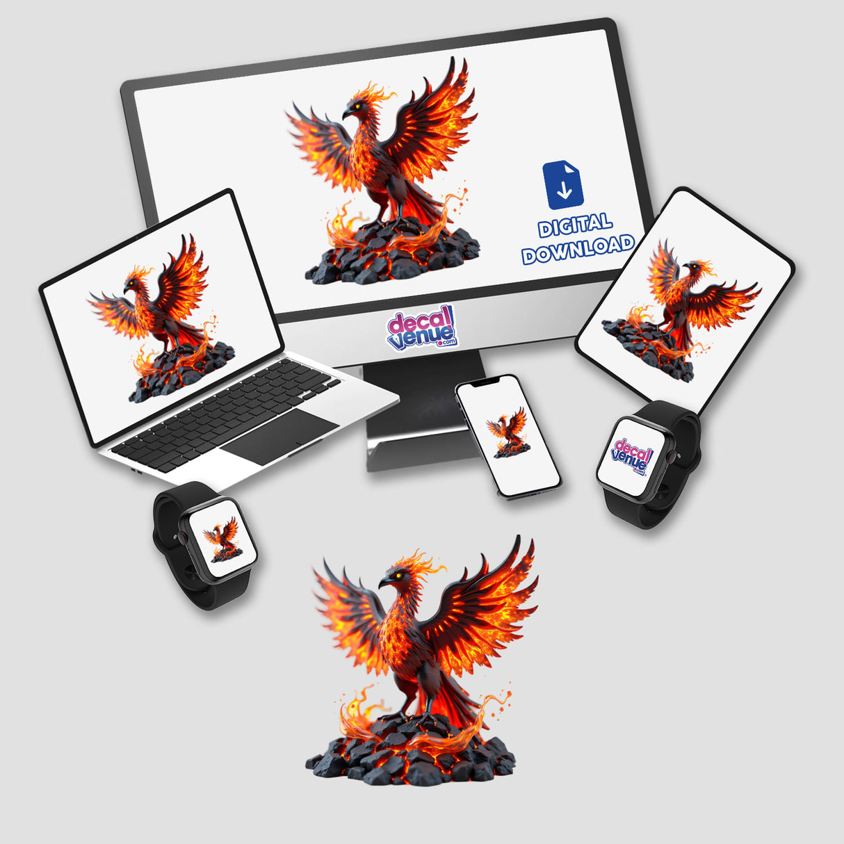 Molten Lava Phoenix digital art displayed on computer and laptop screens, depicting a fiery phoenix. Available as unique stickers or digital artwork from Decal Venue.