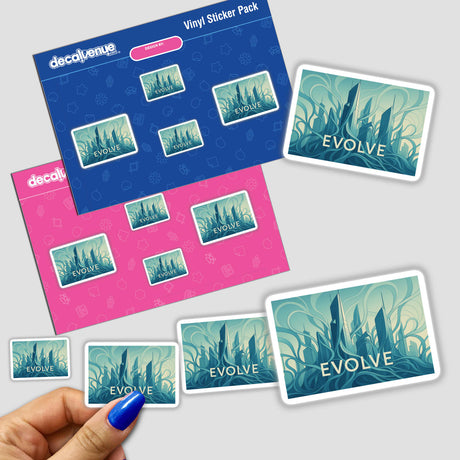 Evolve Futurist Architecture Organic Geometry Sticker or Clipart showcases intricate city art designs, blending motivational themes with innovative architectural elements, available as vinyl stickers or digital artwork.