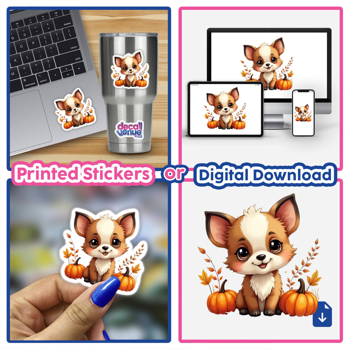 Cute Fall Aesthetic Clipart featuring an adorable puppy with pumpkins and leaves, shown as stickers on a laptop and cup, and as digital artwork for commercial use.