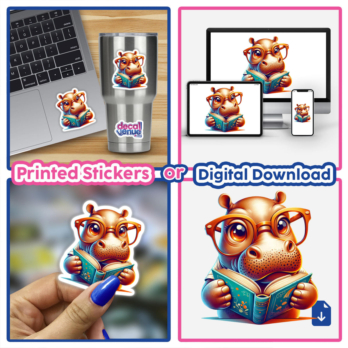 Hippo With Reading Glasses Open Book sticker, featuring a cartoon hippo engrossed in reading. Available as a vibrant sticker or digital artwork from Decal Venue, specializing in unique vinyl designs.