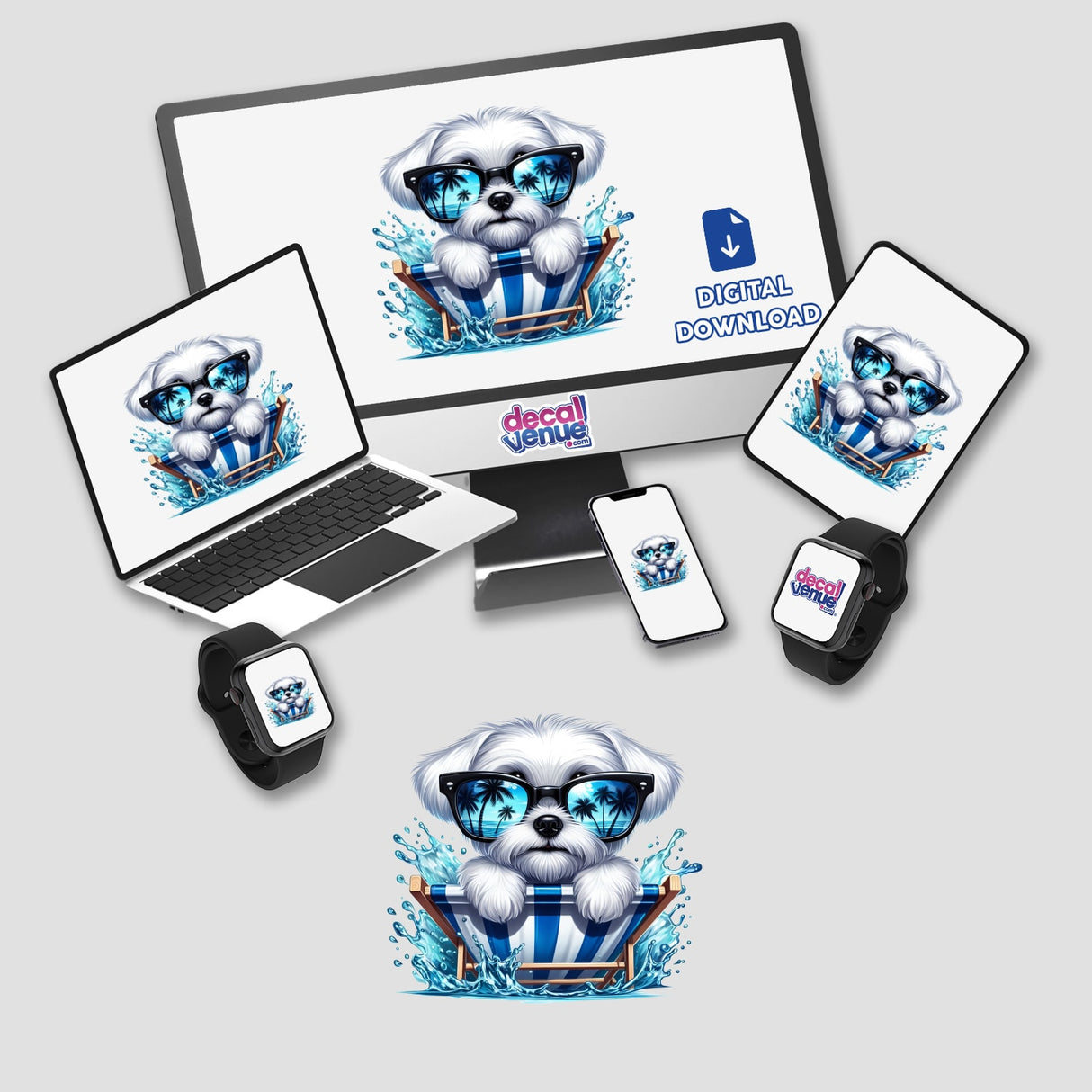 Peeking Summertime Maltese Dog in Beach Chair digital art, featuring a cartoon Maltese wearing sunglasses and relaxing. Available as stickers or digital artwork from Decal Venue.