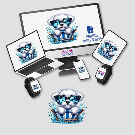 Peeking Summertime Maltese Dog in Beach Chair digital art, featuring a cartoon Maltese wearing sunglasses and relaxing. Available as stickers or digital artwork from Decal Venue.