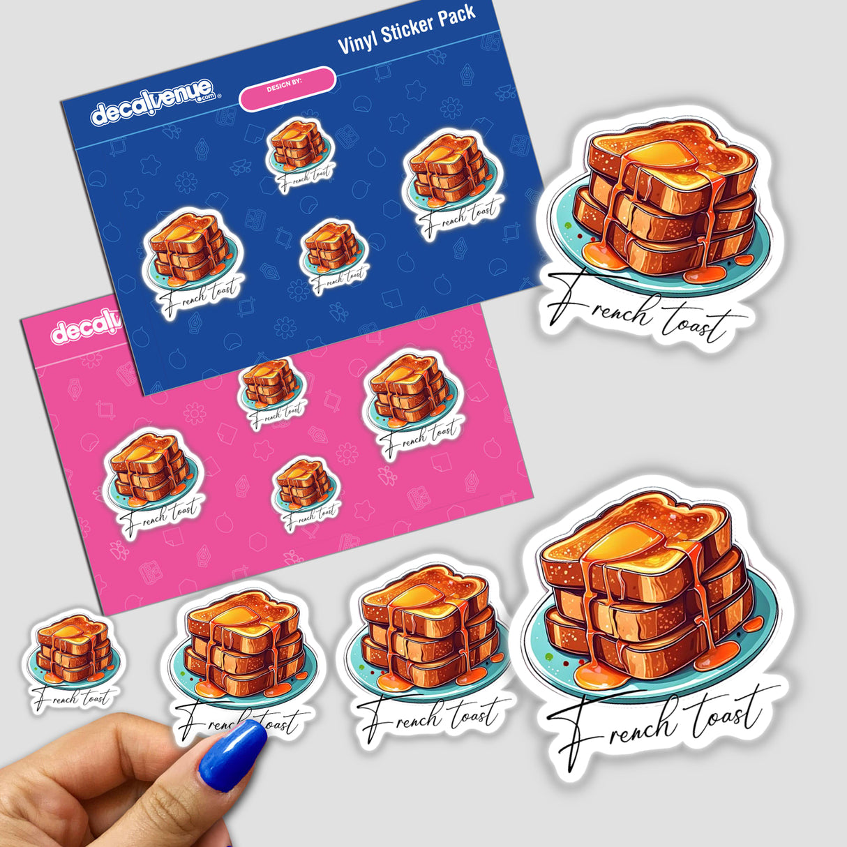 Colorful digital artwork stickers featuring French toast, a popular breakfast dish. The stickers show various views of the golden-brown, syrupy French toast slices arranged in an appealing display. These high-quality vinyl stickers would be perfect for decorating, scrapbooking, or expressing one's love of this delicious breakfast treat.