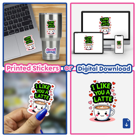 I Like You A Latte Funny Love Quote sticker on a laptop, featuring a cartoon coffee mug with a face, available as a sticker or digital artwork.