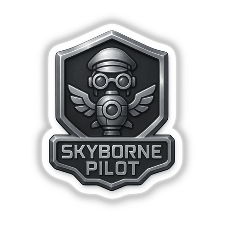 Skyborne Pilot – RPG-Style Skill Badge features a silver steampunk crest, available as stickers or digital artwork, embodying Decal Venue's unique vinyl and digital art offerings.