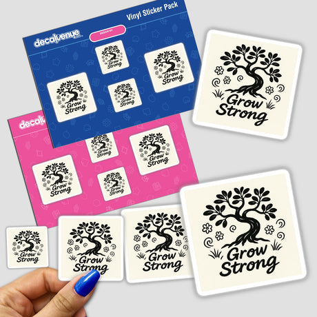 Grow Strong Doodle Minimalist Sticker or Clipart showcases a bold, black ink tree with playful doodle flowers and swirls, accentuated by the phrase Grow Strong in hand-drawn script, available in various sizes.