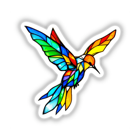 Hummingbird Stained Glass Style artwork, depicting a vibrant bird with intricate wing details, available as stickers or digital artwork from Decal Venue, known for unique creative designs.