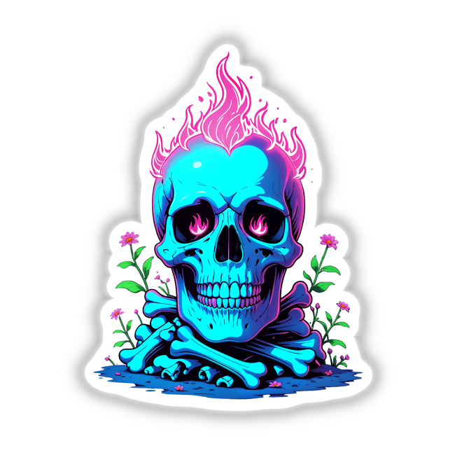 A Skull And Bones On Fire features a blue skull with pink flames, perfect as a bold sticker or digital art, embodying resilience and fierce spirit.