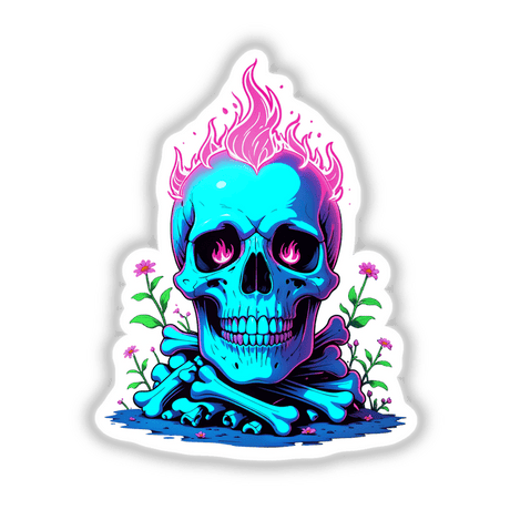 A Skull And Bones On Fire features a blue skull with pink flames, perfect as a bold sticker or digital art, embodying resilience and fierce spirit.