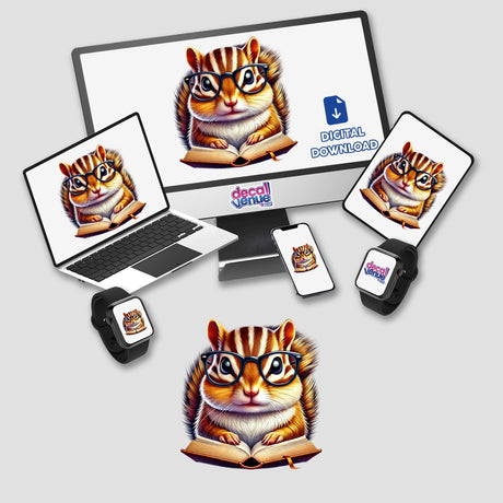 Chipmunk in Reading Glasses Open Book depicted on computer monitor and laptop screens, available as unique stickers or digital artwork.