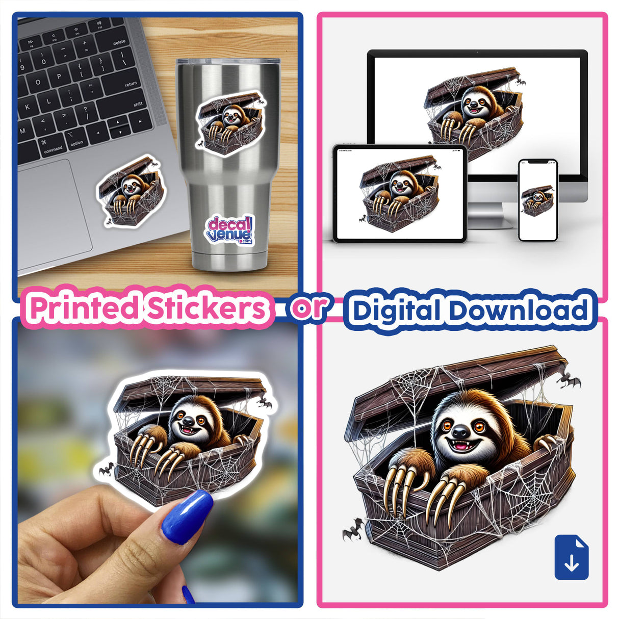 Halloween Sloth Peeking out of Coffin - Spooky digital artwork featuring a sloth in a wooden coffin surrounded by cobwebs, showcased across various digital devices and print media.