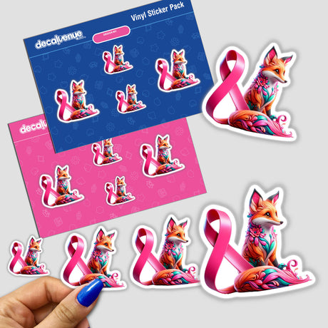 Fox Pink Ribbon Breast Cancer Awareness stickers showcase a cartoon fox and pink ribbon, available as vinyl stickers or digital artwork, reflecting Decal Venue's unique design style.