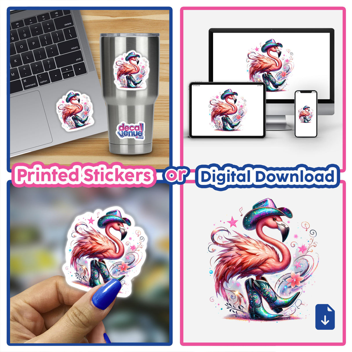 Vibrant flamingo digital artwork with cowboy boots and hat - unique sticker design for self-expression from Decal Venue's collection of artistic creations.